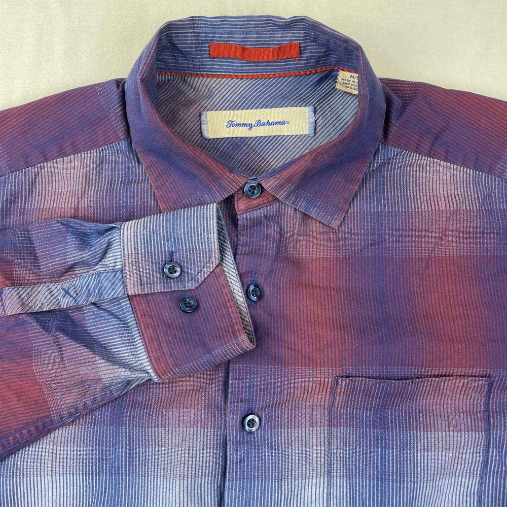 Tommy Bahama Men Silk Cotton Ombre Plaid Long Sleeve Button Up Shirt Blue Purple